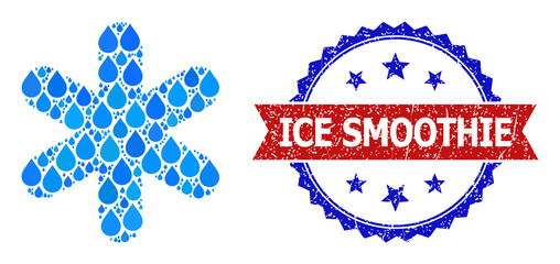 Vector mosaic snowflake, and bicolor rubber Ice Smoothie seal. Snowflake mosaic for pure drink ads. Snowflake is composed with blue drinking water tears.
