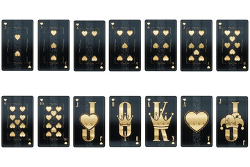 Casino concept, Set of Hearts playing cards, black and gold design isolated on white background. Gambling, luxury style, poker, blackjack, baccarat. 3D render, 3D illustration.
