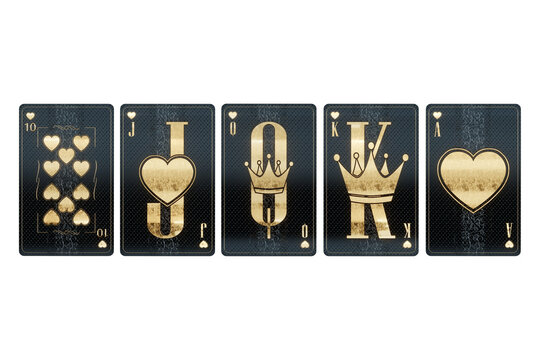 Casino concept, combination of playing cards Hearts flash royale, black gold design isolated on white background. Gambling, luxury style, poker, blackjack, baccarat. 3D render, 3D illustration.