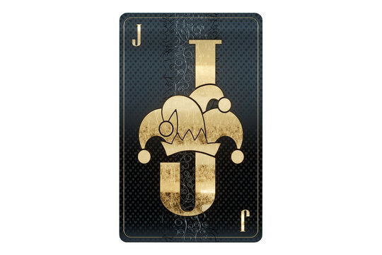 Casino concept, joker playing card, black and gold design isolated on white background. Gambling, luxury style, poker, blackjack, baccarat. 3D render, 3D illustration.