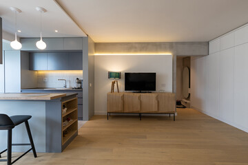 Wooden floor and furniture in modern apartment interior