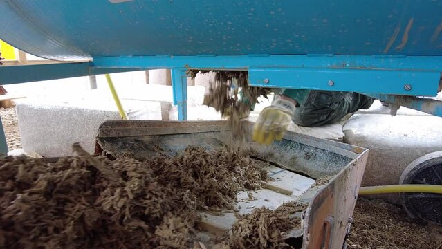 Hempcrete mixture falling out of the mixer on a conveyor belt at slow-motion 60 fps