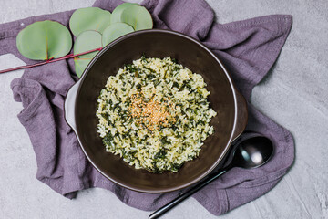 Gondeurenamulbap, Korean style Thistle Rice : Made with dried gondeure (thistle), a fragrant, wild mountain plant, which is soaked in water and squeezed, this dish is served with rice cooked with a li