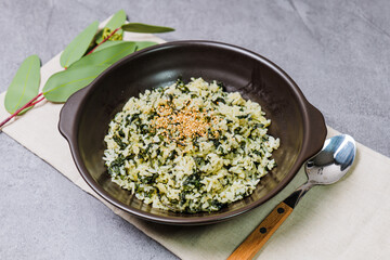 Gondeurenamulbap, Korean style Thistle Rice : Made with dried gondeure (thistle), a fragrant, wild mountain plant, which is soaked in water and squeezed, this dish is served with rice cooked with a li