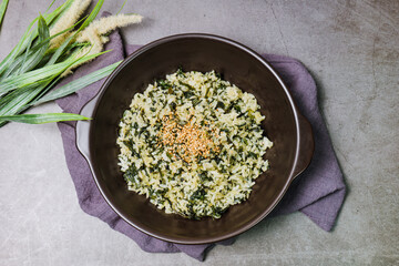 Gondeurenamulbap, Korean style Thistle Rice : Made with dried gondeure (thistle), a fragrant, wild mountain plant, which is soaked in water and squeezed, this dish is served with rice cooked with a li