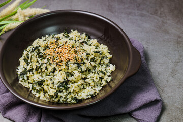 Gondeurenamulbap, Korean style Thistle Rice : Made with dried gondeure (thistle), a fragrant, wild mountain plant, which is soaked in water and squeezed, this dish is served with rice cooked with a li