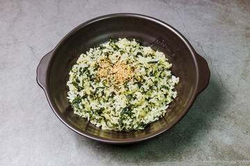 Gondeurenamulbap, Korean style Thistle Rice : Made with dried gondeure (thistle), a fragrant, wild mountain plant, which is soaked in water and squeezed, this dish is served with rice cooked with a li
