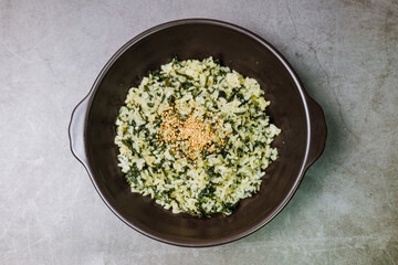 Gondeurenamulbap, Korean style Thistle Rice : Made with dried gondeure (thistle), a fragrant, wild mountain plant, which is soaked in water and squeezed, this dish is served with rice cooked with a li