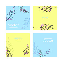 Botanical aesthetic branch sketch vector set of illustrations. Leaf decor hand drawn square background. Plant media banner