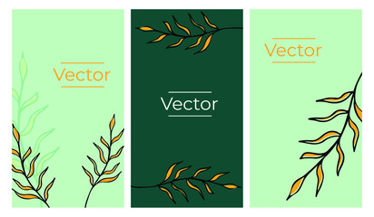 Botanical aesthetic branch sketch vector set of illustrations. Leaf decor hand drawn vertical background. Plant media banner