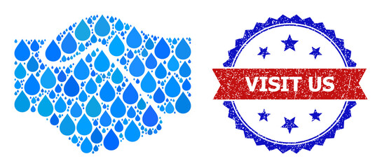Vector mosaic handshake, and bicolor unclean Visit Us stamp. Handshake mosaic for pure water ads. Handshake is created from blue clean water tears.