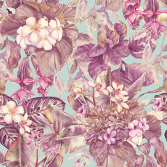 Tropical seamless pattern with exotic flowers. Floral background with leaves and flowers