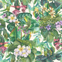 Tropical seamless pattern with exotic flowers. Floral background with leaves and flowers