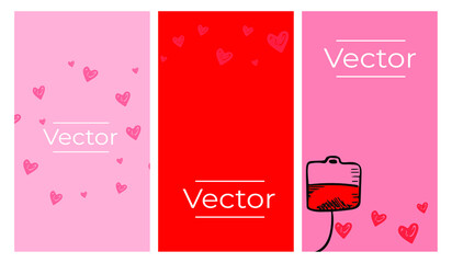 Donor blood sketch vector set of illustrations. Urgent transplantation hand drawn vertical background. Health care system media banner