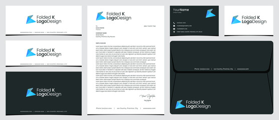 Folded K logo with stationery, business card and social media banner designs