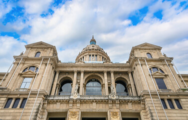 Plaza de Espanya and Palau de Montjuic in Barcelona, Spain. Catalonian national art museum MNAC on Montjuic mountain. The Palau Nacional	
