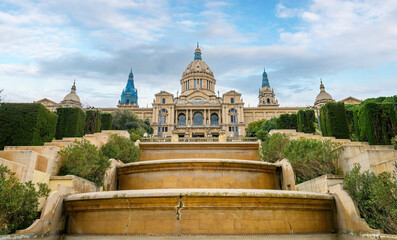 Fototapeta premium Plaza de Espanya and Palau de Montjuic in Barcelona, Spain. Catalonian national art museum MNAC on Montjuic mountain. The Palau Nacional 