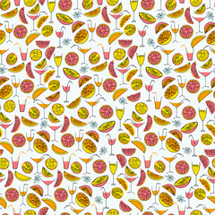 Seamless pattern with hand drawn citrus and glasses of cocktails and Smoothies for surface design, posters, illustrations. Healthy vegan food, tropical fruit theme