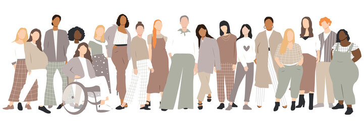 Women stand side by side together. Flat vector illustration.	
