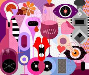 Art composition of cocktails, lemonades, glasses, bottles, abstract shapes and patterns. Vector illustration, cocktail party background.