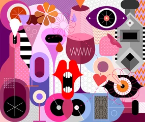 Foto op Plexiglas Kunstsamenstelling van cocktails, limonades, glazen, flessen, abstracte vormen en patronen. Vectorillustratie, cocktailparty achtergrond. ©  danjazzia