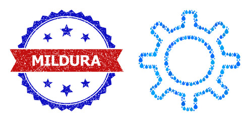 Vector mosaic contour gear, and bicolor rubber Mildura seal stamp. Contour gear collage for pure water advertisement. Contour gear is designed with blue pure water dews.