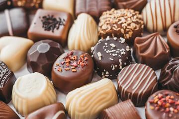 Assortment of dark, white and milk chocolate on white background