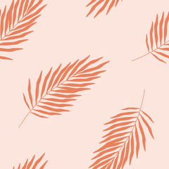 Hand drawn cute summer floral seamless pattern with palm leaves. Flat vector tropical exotic print design colored doodle style. Repeated background botanical, red twig wrapping or wallpaper.