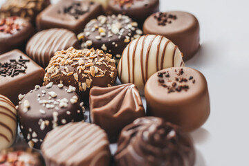 Assortment of dark, white and milk chocolate isolated on white background