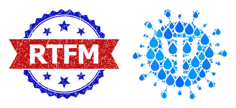 Vector mosaic Psi covid virus, and bicolor scratched Rtfm watermark. Psi covid virus mosaic for pure water advertisement. Psi covid virus is formed with blue drinking water drops.