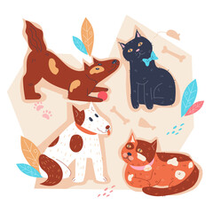 Pets dogs and cats decorative banner backdrop for petshop and veterinary, flat cartoon vector illustration isolated on white background. Poster or banner with domestic animals.