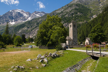 View of idyllic alpine village of Macugnaga during sunny day of july in Piedmont
