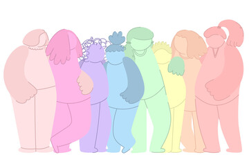 Movement equality of women, group of different women. Break the bias. woman feminism. International woman day. Girls are standing, hugging together. Teamwork, togetherness, friendship. drawn Vector