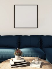 Living room with square frame mockup, blue color sofa and interior decoration. 3d rendering, interior design, 3d illustration