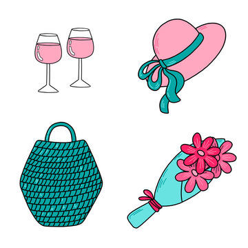 Vector female set about date. Wineglasses, basket, flower, hat