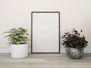 Vertical frame mockup with ornamental plants. 3d rendering, interior design, 3d illustration