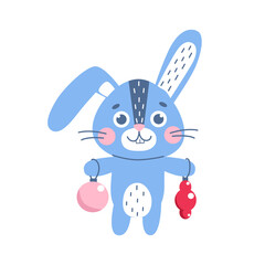 Christmas cute rabbit with new year balls. Winter symbol of 2023 year. New year mascot. vetor flat animal character, isolated on white background