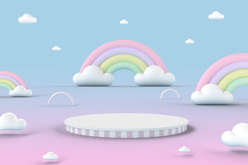 Minimal round product display podium with cloud and rainbow on the sky in pastel tone color for baby and kid. 3D rendering.