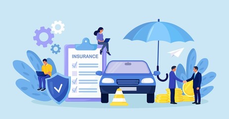 Car insurance policy form with shield, umbrella. Insurance agent or salesman providing security document. People buying auto, leasing Protection, warranty of vehicle from accident, damage or collision - obrazy, fototapety, plakaty