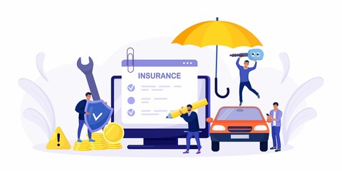Car insurance policy form on computer screen. Insurance agent or salesman providing security document. People buying auto, leasing. Protection, warranty of vehicle from accident, damage or collision. 