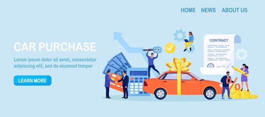 Naklejka premium Buying new car. Rent auto, carsharing. Businessmen signing contract for car leasing and shaking hands. Bank loan agreement, property insurance. Agent selling vehicle to customer