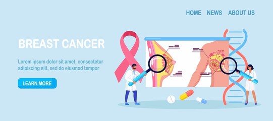 Breast screening and mammography, diagnostic of oncology. Mammologist doctor diagnose breast cancer with magnify. Pink ribbon. Healthcare and medical examination. Vector design
