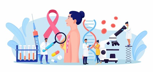 Breast cancer. Doctor Mammologist consult woman patient. Breast ultrasound and mammography, diagnostic of oncology. Examination in the clinic, medical diagnosis. Vector design