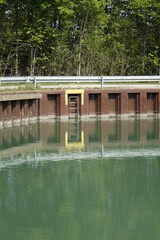 Iron dock at Hildesheim Harbour at the end of Stichkanal Hildesheim (side channel of Mittelland Canal), sunny spring day (vertical), Hildesheim, Lower Saxony, Germany