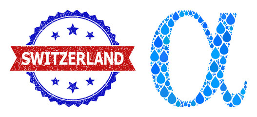 Vector mosaic Alpha Greek lowercase letter, and bicolor unclean Switzerland seal stamp. Alpha Greek lowercase letter mosaic for clean beverage advertisement.