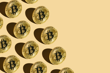 Bitcoin pattern on beige background with copy space for Design