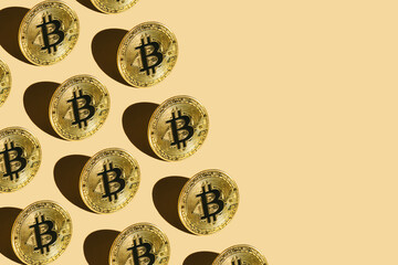 Bitcoin pattern on beige background with copy space for Design
