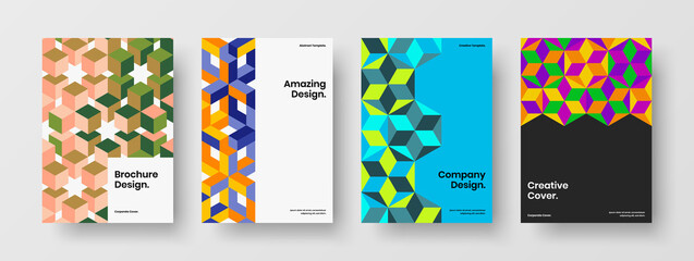 Minimalistic poster vector design layout set. Clean mosaic hexagons annual report template bundle.
