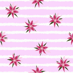 pink lily flower pattern. pink floral seamless pattern. pink stripped background. good for fabric, wallpaper, fashion, backdrop, background, dress, etc.