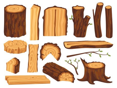 Cartoon timber. Wood logs and trunks, timbers wooden. Tree branches, isolated natural forest objects. Eco materials for building, neat vector set